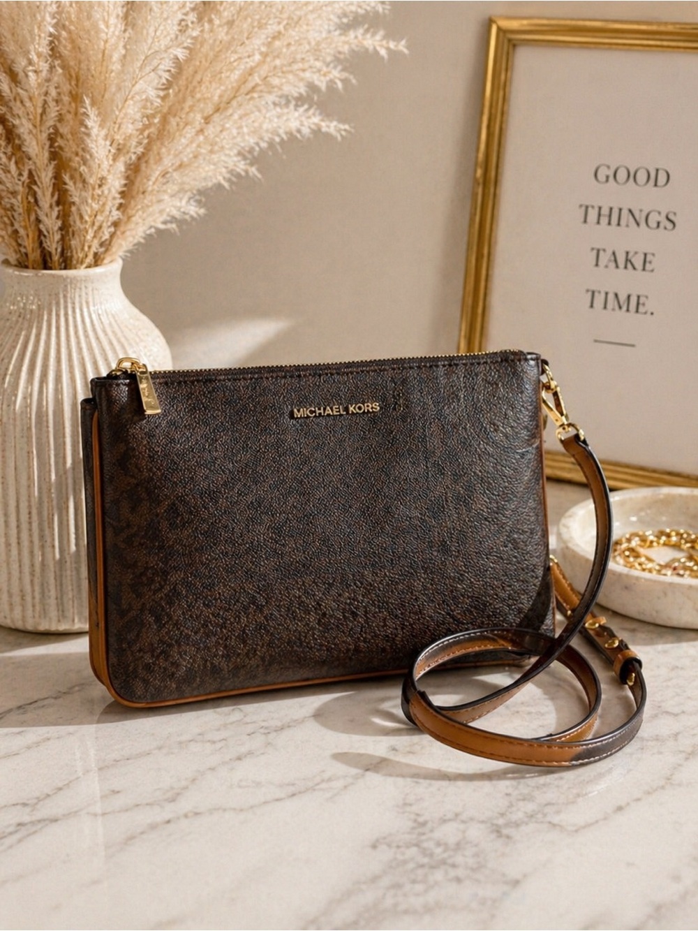Michael Kors Dark Brown and Tan Messenger Crossbody Bag